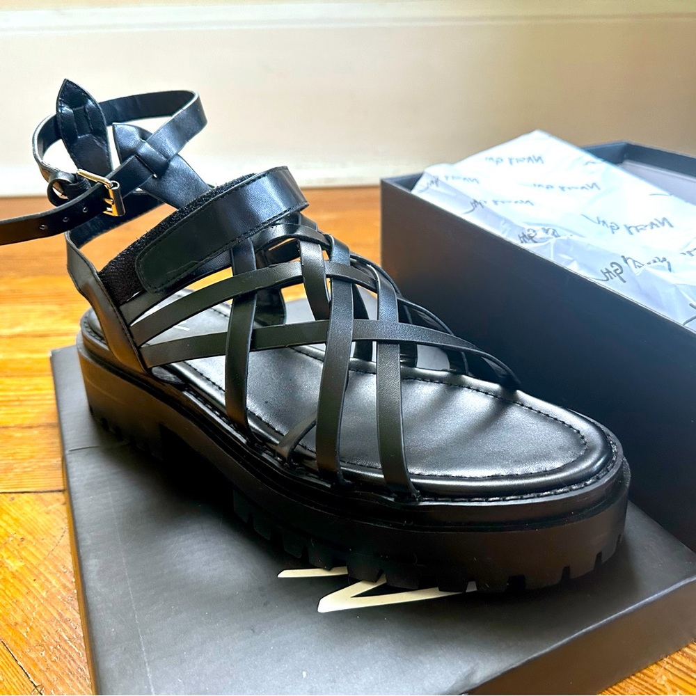 New in box, black faux leather strappy platform sandals US 10 (Nasty Gal)